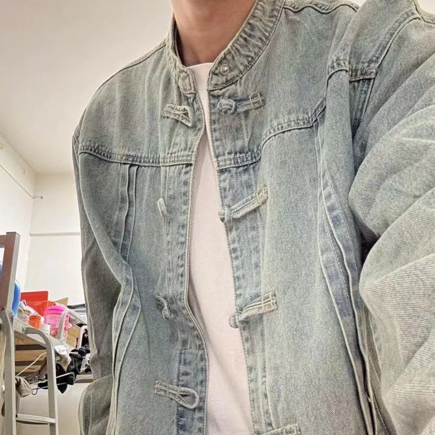 

Trendy Brand Men Women Waed Denim Jaet Collar Stand up Button down Chinese Sle Long Sve Cotton Color Coat