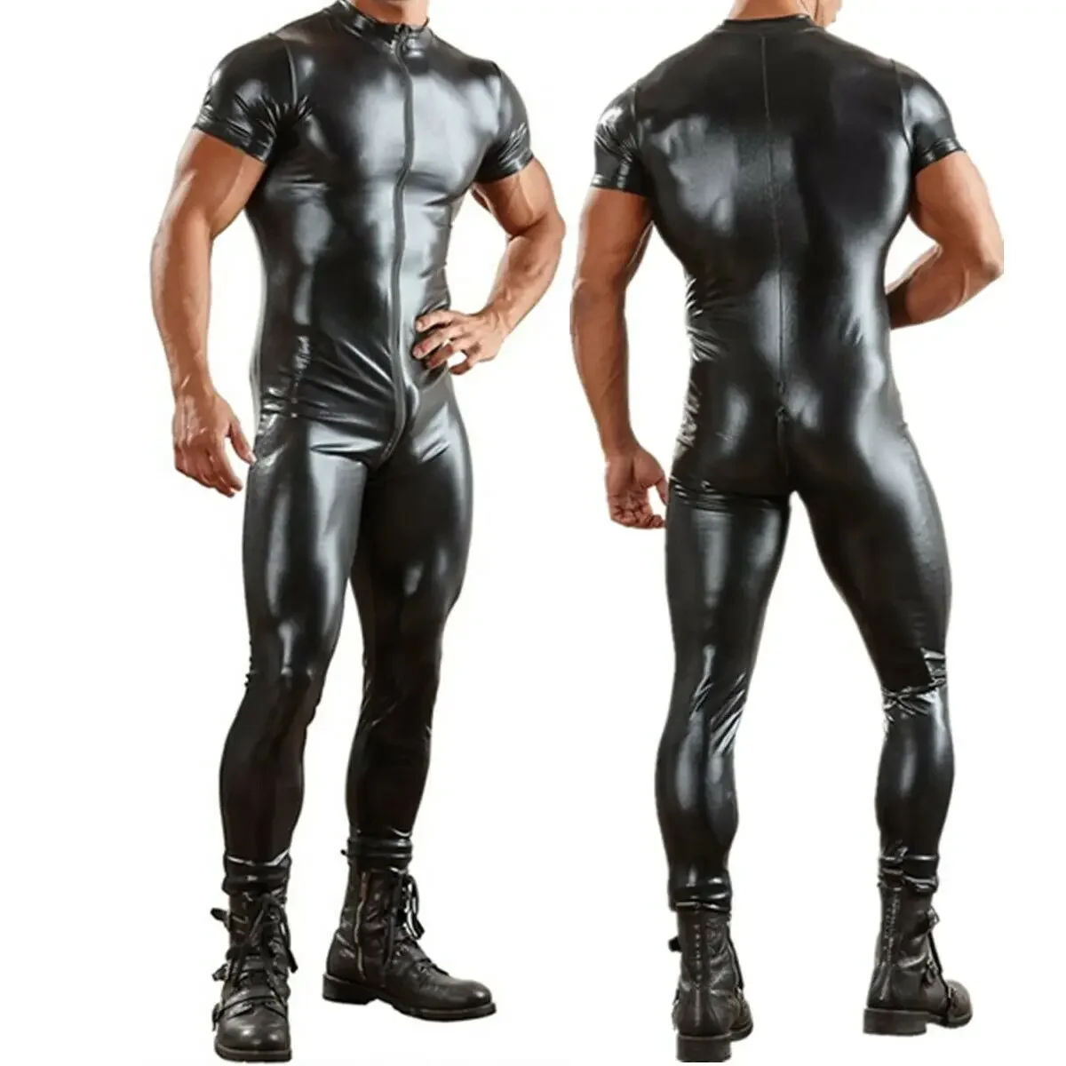 

Mens Undershirts Jumpsuits Faux Leather One-piece Bodysuits Nightclub Stage Dancewear Zip Open Crotch Leotard Wrestling Singlets