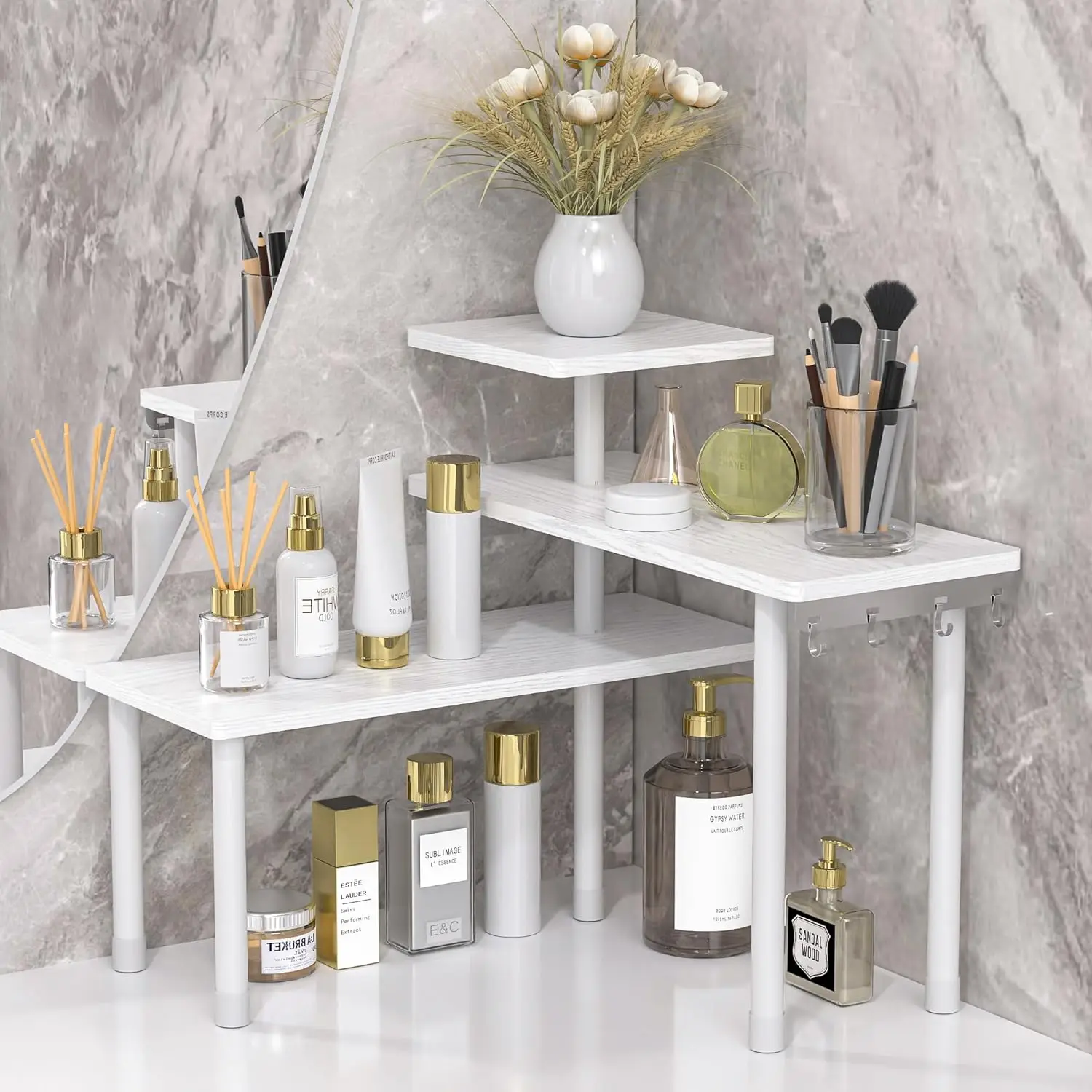 

Bathroom Organizer Countertop Corner Shelf, 3 Tier Moveable Organizer for Make Up, Dresser Table, Desktop (White)