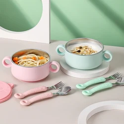 Baby Stainless Steel Feeding Food Tableware Suction Cup Non-slip Bowl Spoon Fork Straw Set Toddler Dinnerware
