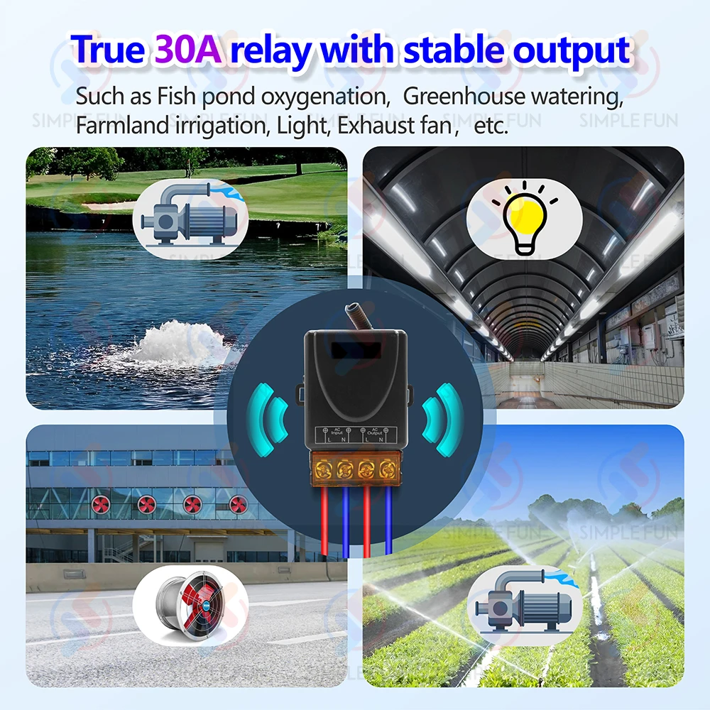 433Mhz Pump Light Fan Wireless Remote Control Switch 110V 220V 30A RF Relay Module,1500m Transmitter,for Light/Fan/Motor ON/Off