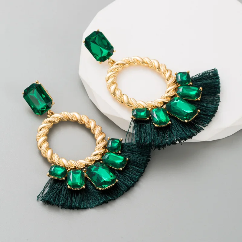 New exaggerated stained glass diamond tassel earrings women's Korean temperament geometric earrings cut-out earrings jewelry