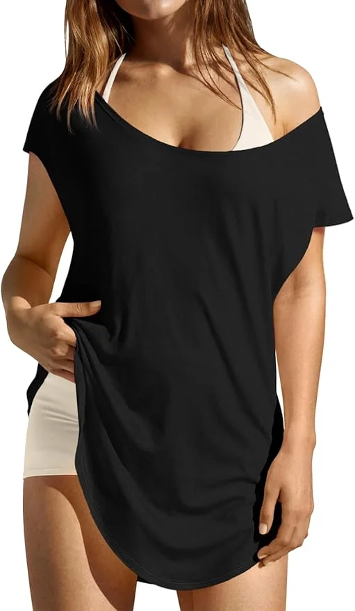 

Женские свободные топы Fisoew с открытыми плечами, повседневные, с круглым вырезом, для тренировок, спортивные, с разрезами по бокам