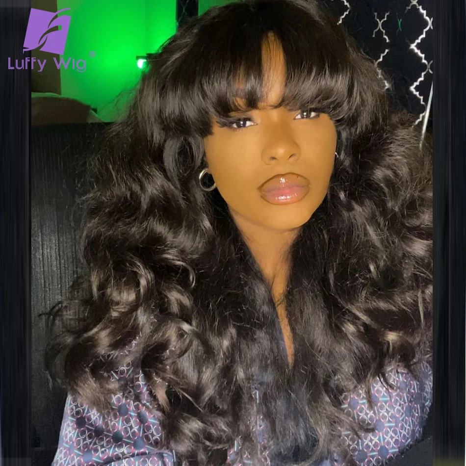 Loose Wave Wig Bangs Fringe Human Hair Remy Brazilian Full Machine Made Glueless Wigs Body Wave 200Density For Women