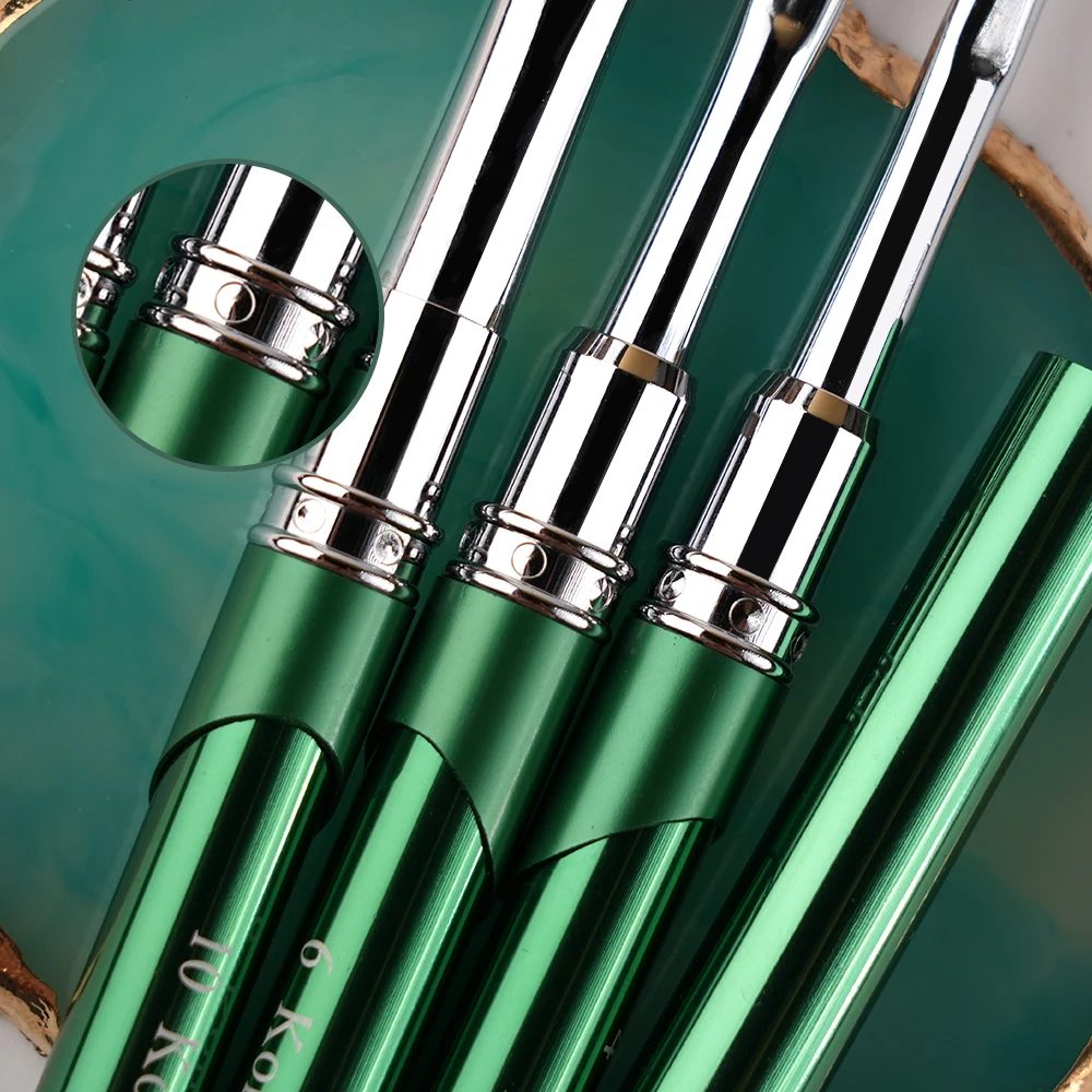 100% Kolinsky acrylique brosse à ongles conception vert poignée en métal manucure professionnelle bonne qualité pour vernis poudre taille 2 # -18 #