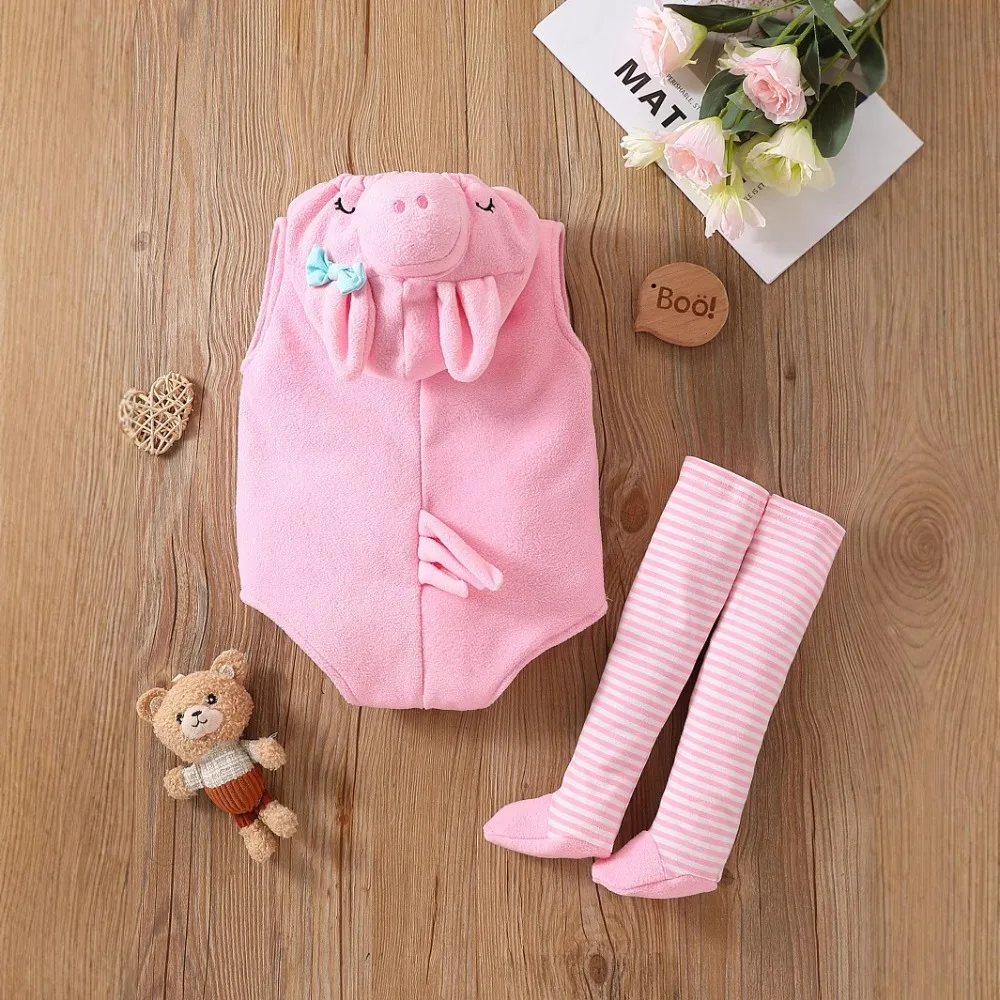 Cartoon Pig Baby Clothes Boys Girls Costume Sleeveless Stripes Hooded Romper Toddler Jumpsuit Long Socks Set Infant Outfit