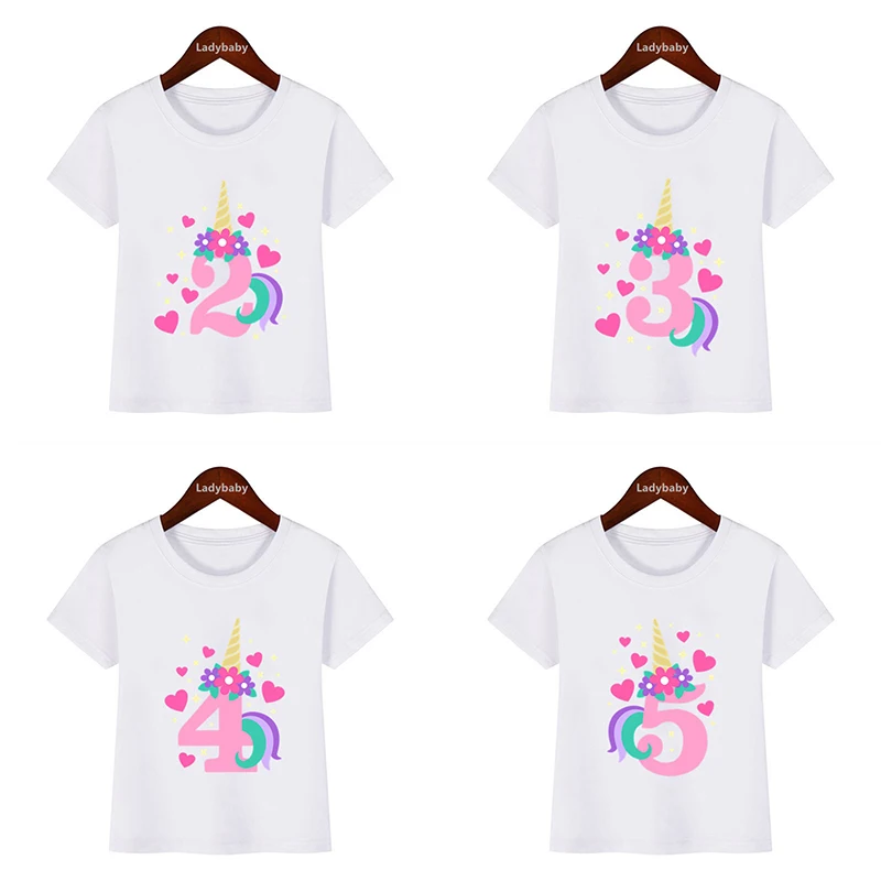 

Cute Unicorn Happy Birthday Number Bow Kids T shirt 1 2 3 4 5 6 7 8 9 Years Girls Clothes Summer Short Sleeve Baby Boys T-Shirts