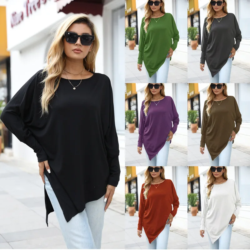 Women Long Sleeved Irregular T-shirt Casual  Black Autumn Winter Basic Tunic 3XL Vacation Streetwear Tees Fall Shirt