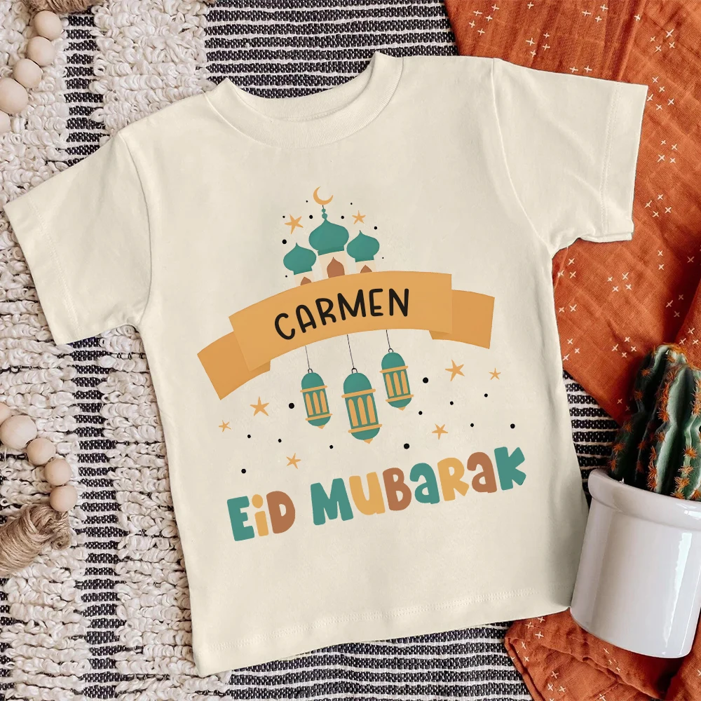 Personalised Eid Mubarak Print Retro Shirts Custom Name Kids Eid Ramadan Child T-shirt Islamic Muslim Holiday Boys Girls Outfit