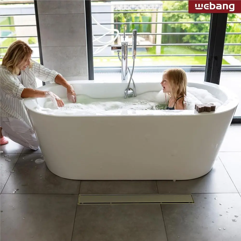 Sifone doccia lineare 36 con copertura reversibile 2-in-1, inserto per piastrelle, griglia, rimovibile, in acciaio inossidabile oro spazzolato