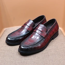 Luxury Men's Penny Loafers Genuine Leather Crocodile Pattern Slip on Wedding Party Dress Shoes for Men Office Casual Footwear