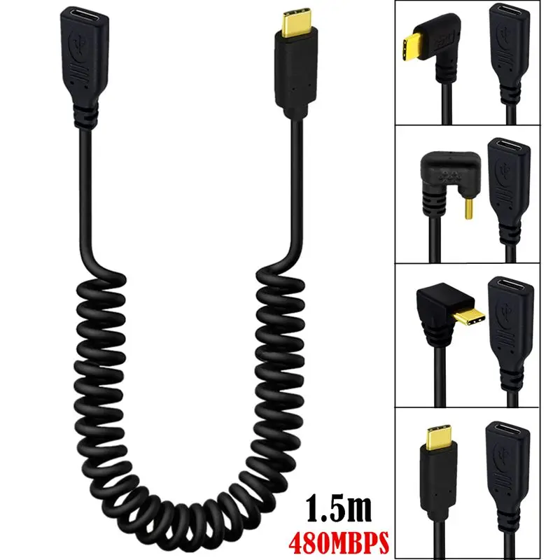

Expansion Spring Wire 6-Core Gold-Plated USB2.0 Type-C Male To Female Data Extension Wire 90 Degree Elbow USB-C Wire