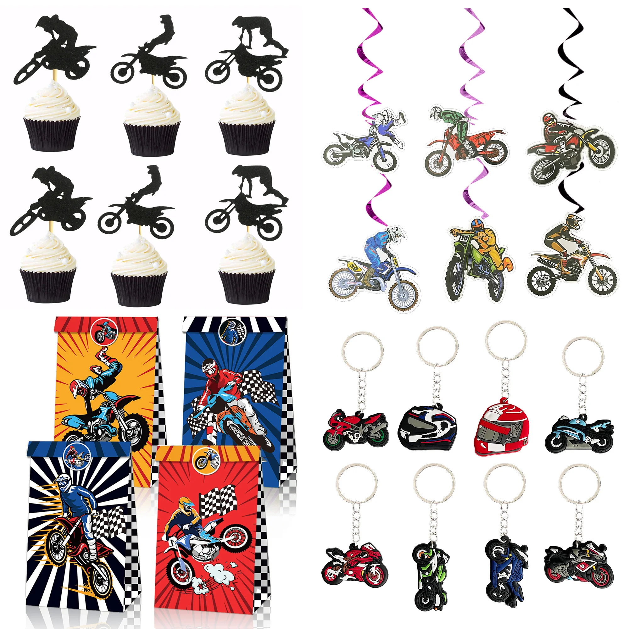 

Dirt Bike Party Favor Supplies Motorcycle Birthday Decorations Motocross Gift Bags Cupcake Topper Keychains for Kids Treat