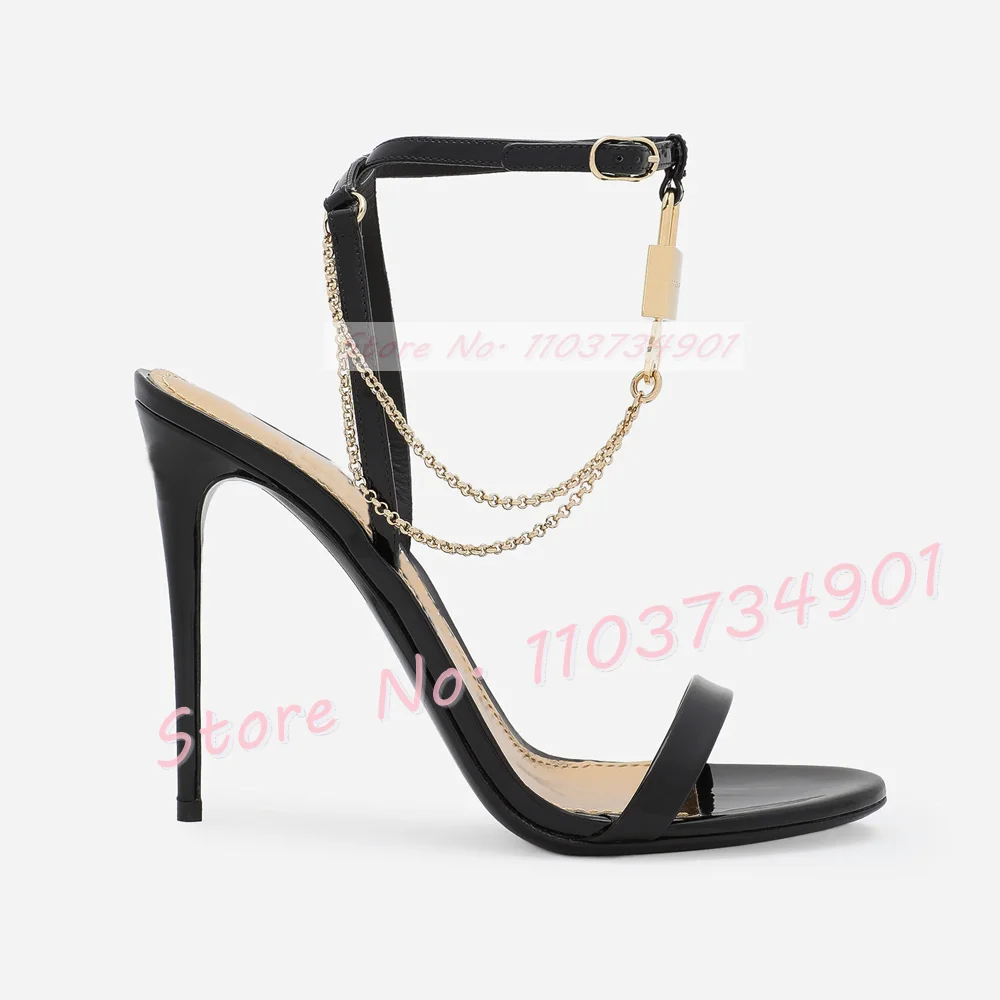 Gold Key Lock High Heels Sandals Female Open Toe Cross Strap Stiletto Shoes Women Luxury Party Metal Chain Belt Buckle Sandals