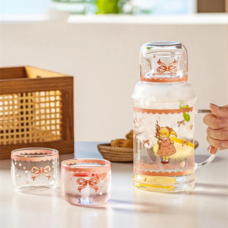 กาต้มน้ําแก้วเย็นพร้อมฝาปิดและที่จับการ์ตูนกระต่ายเครื่องดื่มถ้วยกาต้มน้ําขนาดใหญ่ความจุ 1L ครัวเรือน Party เหยือกน้ํา