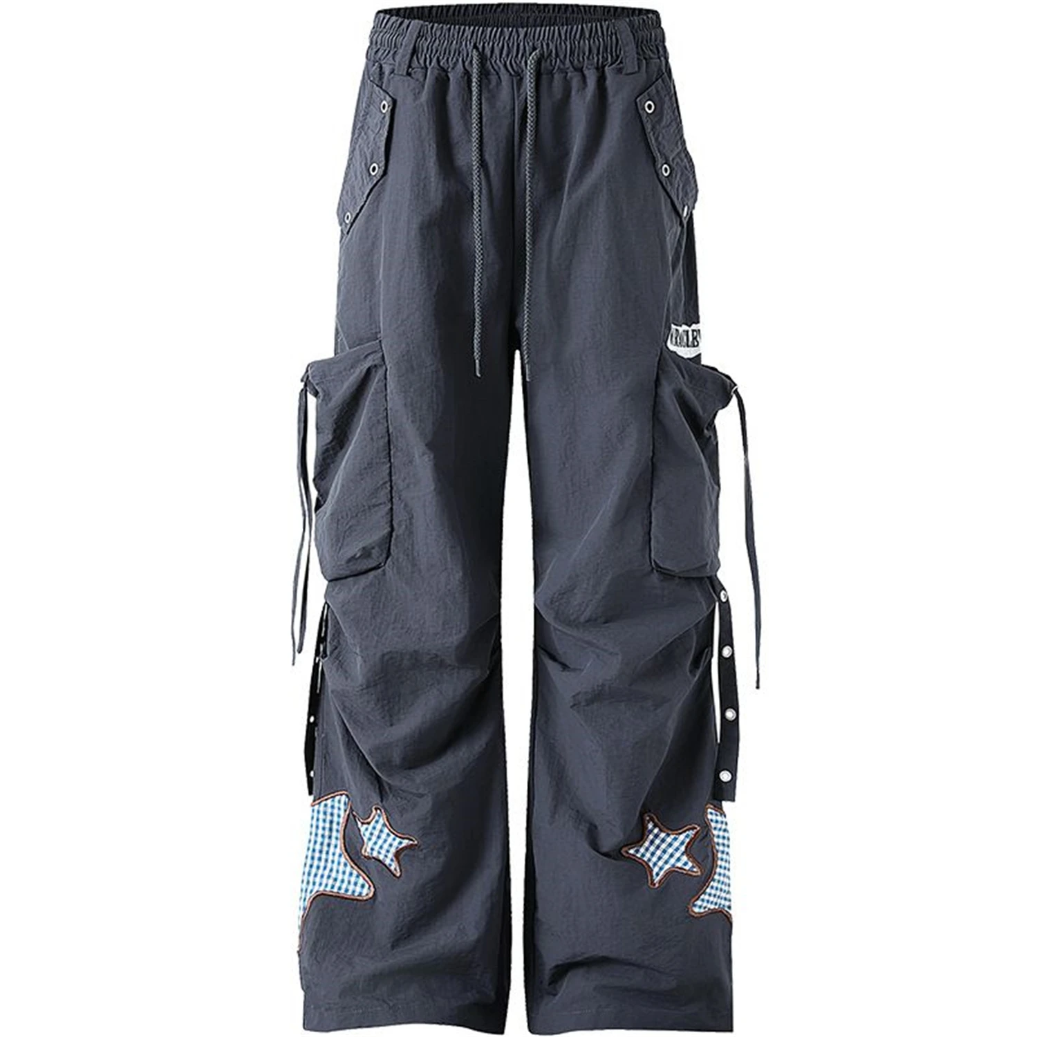 Women's Wide Leg Cargo Pants Fashion Star Gingham Patch Multiple Pockets Drawstring High Waist Y2K Casual Streetwear Trousers