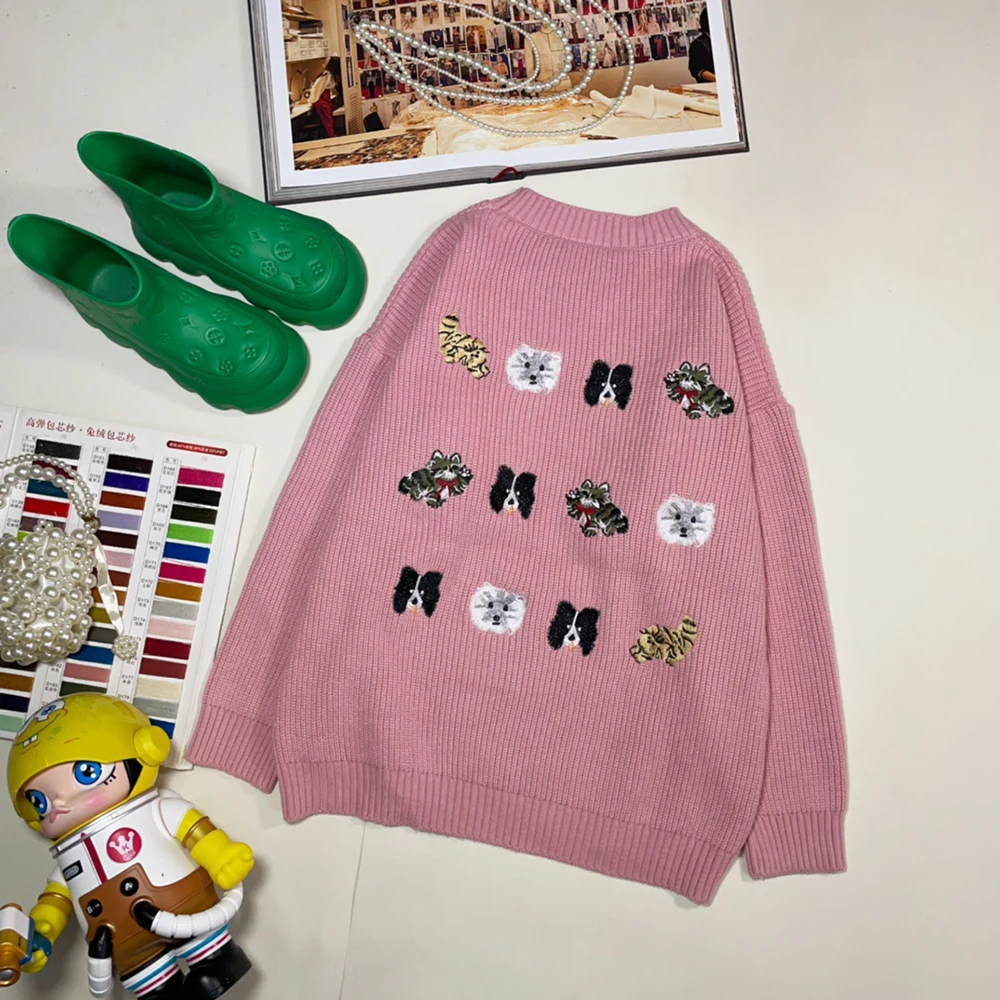 Korean style minimalist and versatile cartoon embroidery round neck pullover student knitted sweater Casual Top