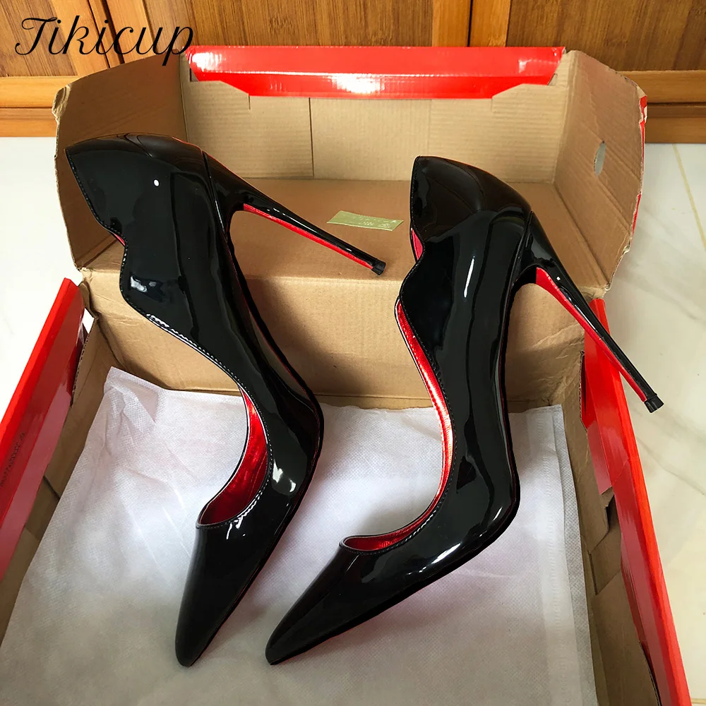 Tikicup Elegant Fashion Curl Cut Women Pointy Toe 12cm High Heel Shoes Sexy Glossy Black V Cut Party Celebrity Stiletto Pumps