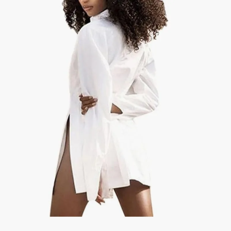 Frühlingsneues Damen-Hemd mit V-Ausschnitt, langärmeliges, langes Hemdoberteil mit Knopfleiste am Saum und geteiltem Ende