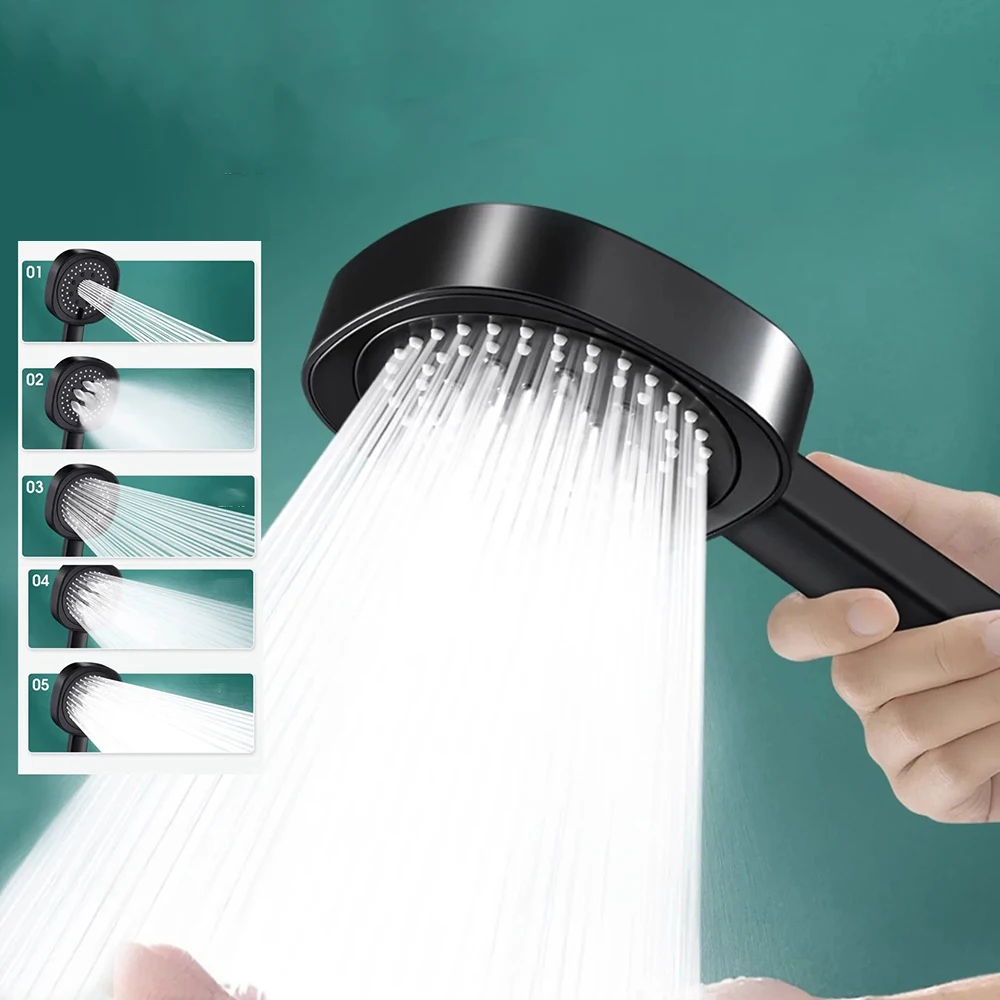 High Pressure Shower Head 5 Modes Large Flow Showerhead Water Saving Silicone Spray Nozzle One-Key Stop Bathroom Accessories