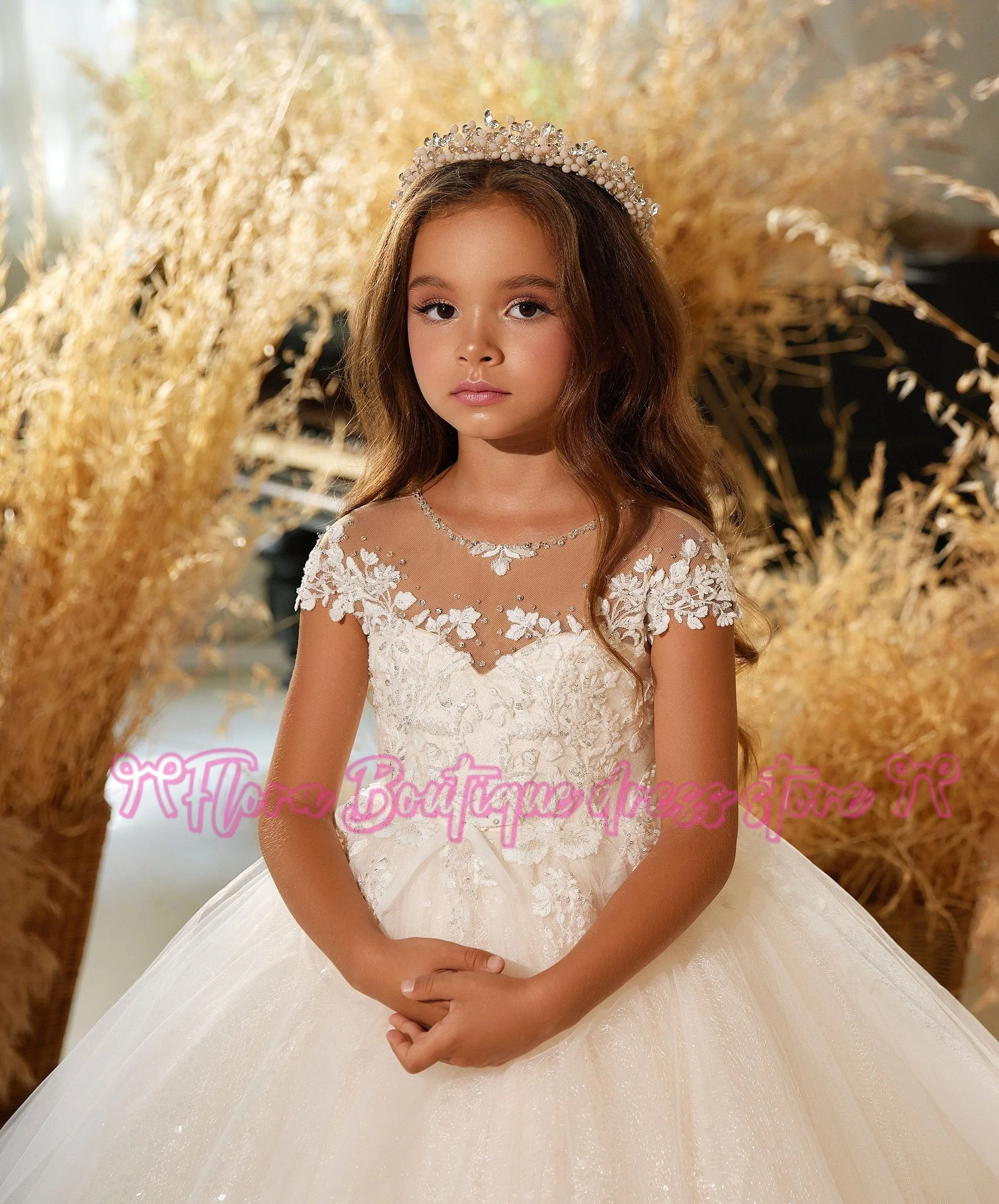 فساتين فتاة الزهور المخصصة لحفلات الزفاف مطرز بالخرز للأطفال فساتين حفلات أعياد الميلاد ترتر طول الأرض للأطفال فستان التواصل الأول