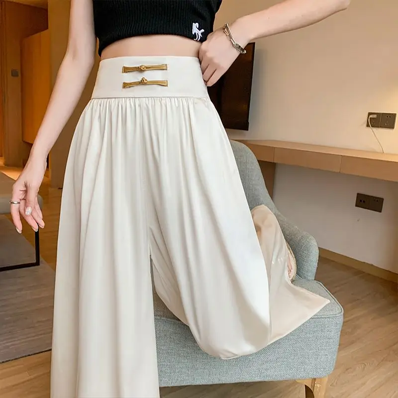 

2023 Summer Satin Wide Leg Pants For Women Loose High Elastic Waist Pockets Trousers Solid Casual Female Pantalones 3608