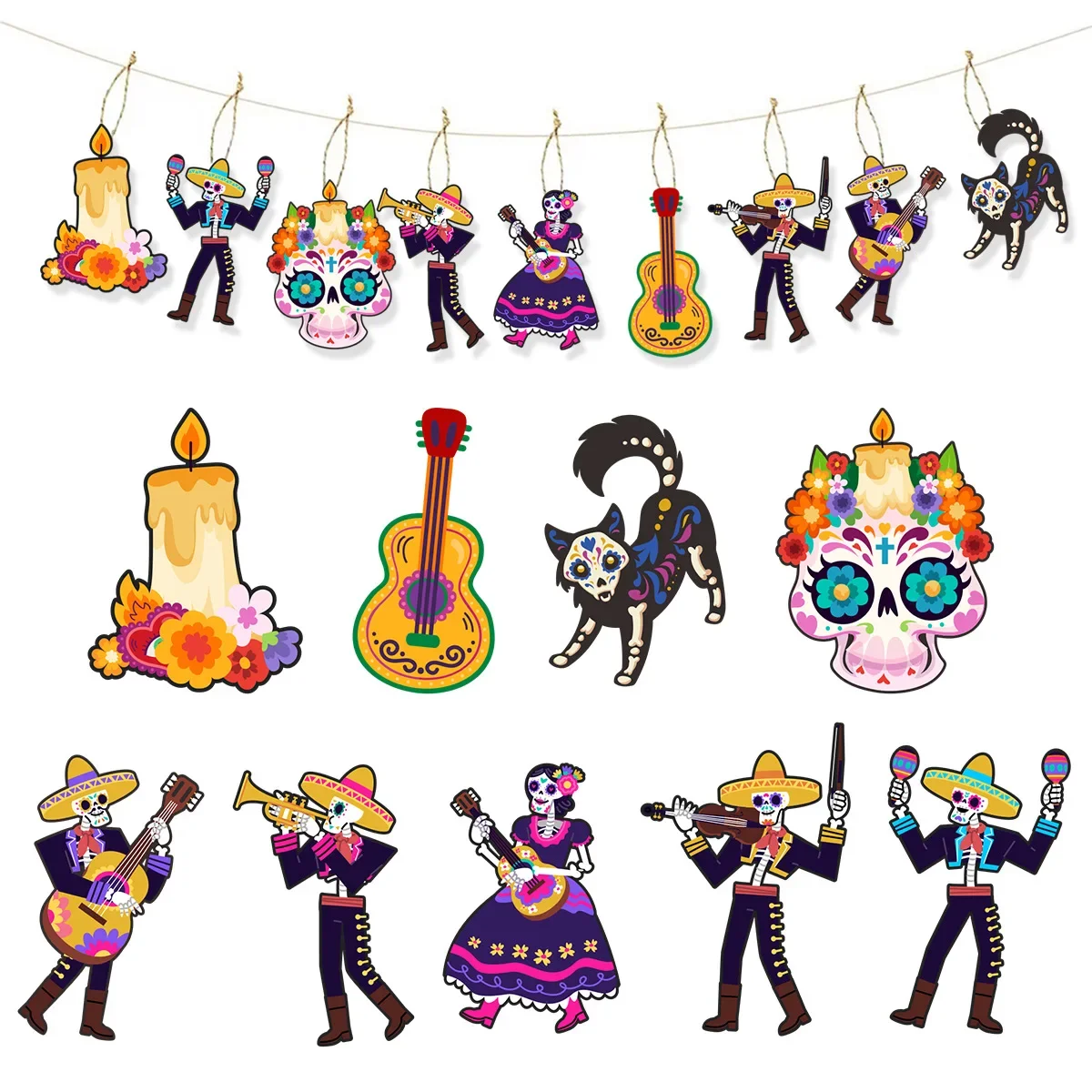9Pcs/Bag Cartoon Mexican Day of the Dead Theme Paper Tree Pendant Skull Guitar Hangers Background for Halloween Party Decoration