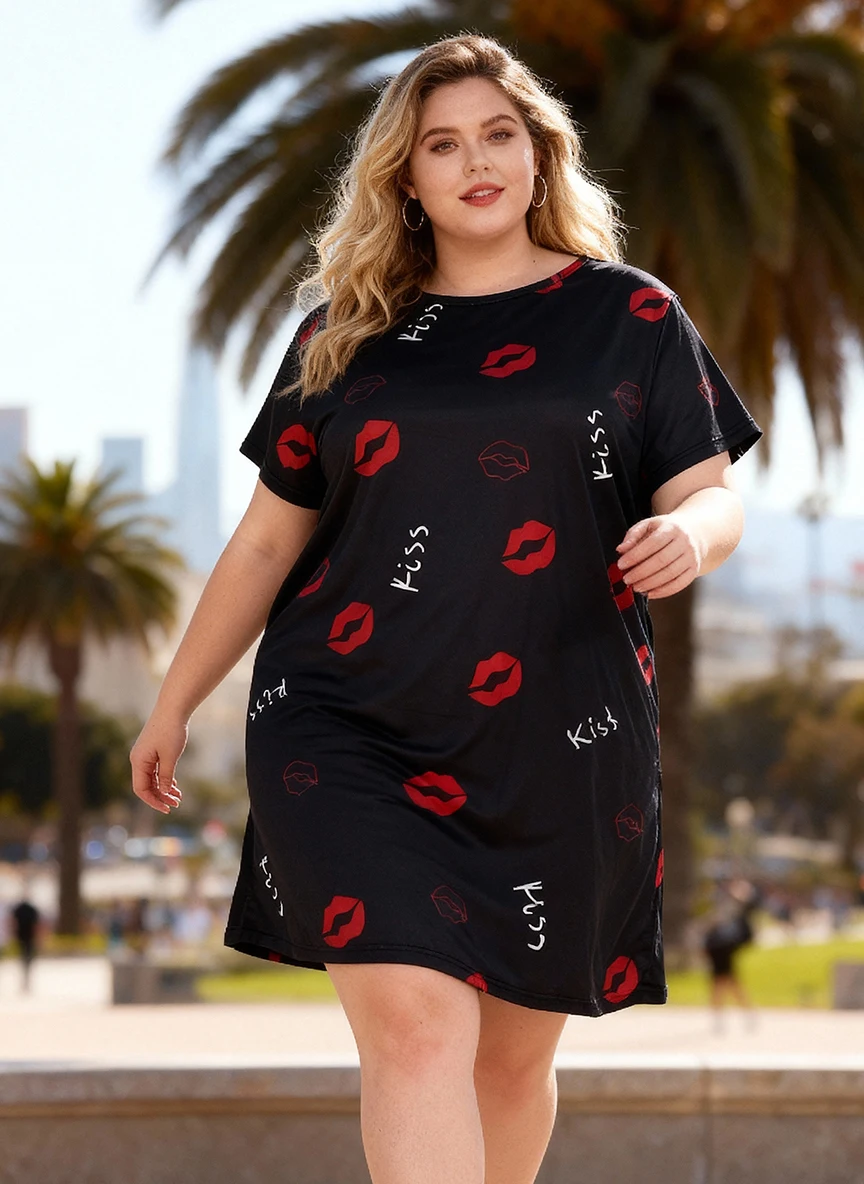 

Summer plate-size fashionable women's lip print short-sleeved T-shirt dress nightgown