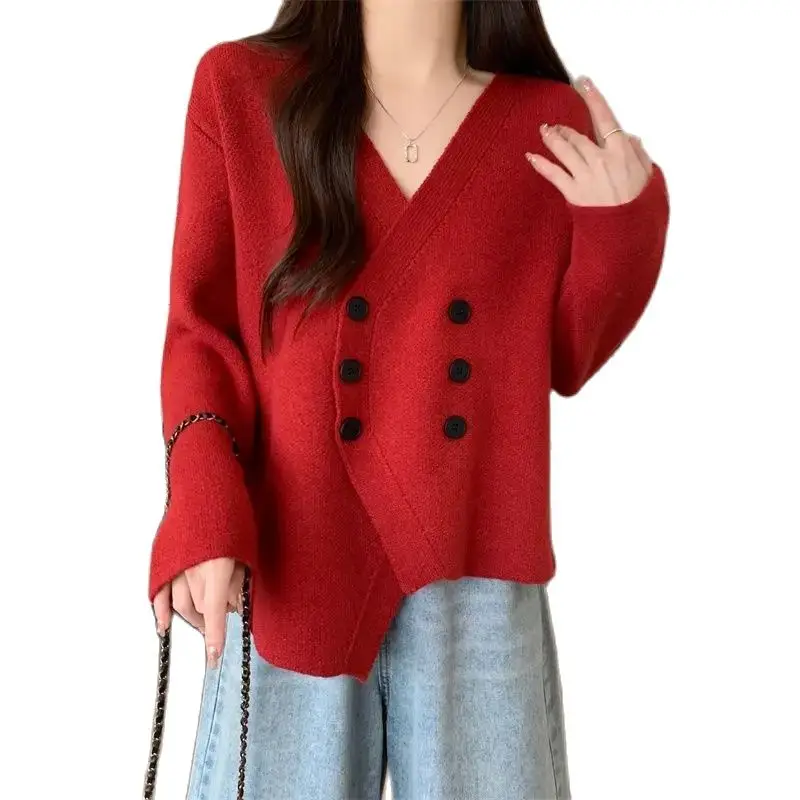 Irregular Double-Breasted Knitted Cardigan Design Sense Autumn Wear Women'S New Knitted Sweater Women Slim And Versatile Casual