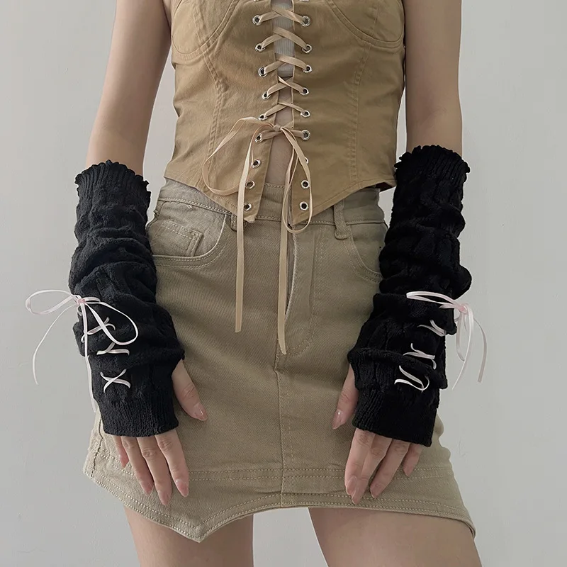 Women Autumn Winter Tie Long Slouch Arm Warmers Y2K Style Decorative Arm Sleeves, Japanese Fashion Cuff Gloves