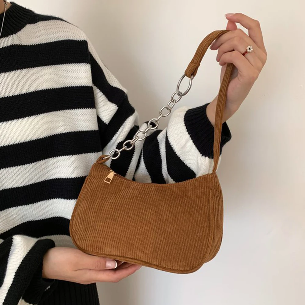 

Small Square Underarm Bag Shoulder Strap Chain Handbag Corduroy Shoulder Bag Solid Color Zipper Messenger Bag Vintage DIY