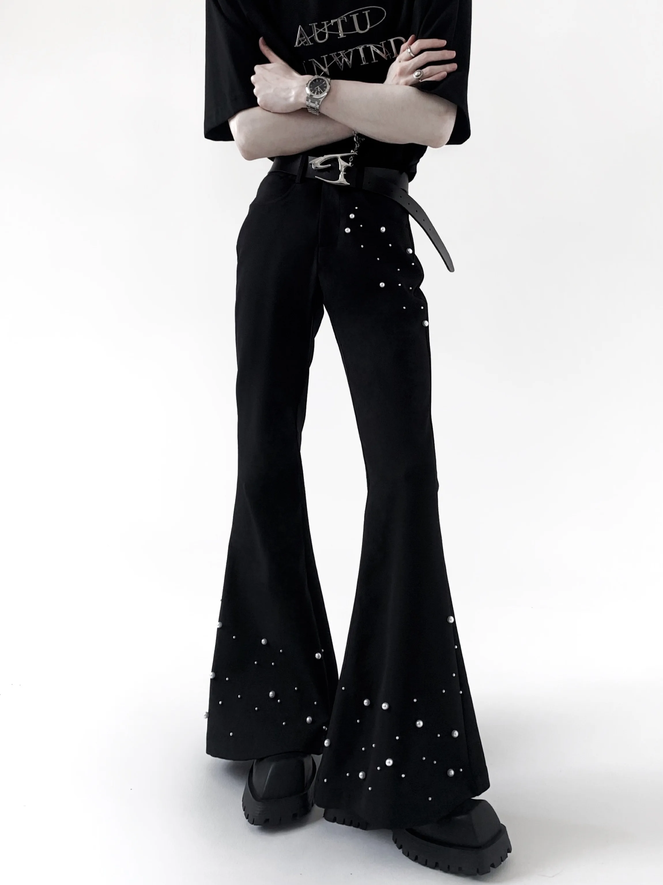 Handmade Pearl Design Men's Extended Bell Bottom Pants High Waist Wide Leg Pants Casual High End Feel Chinese Manufacturer