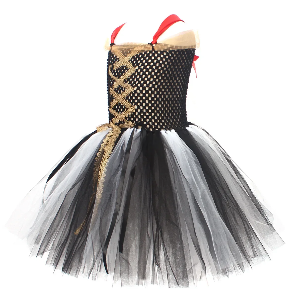 Girls Pirate Princess Tutu Dress Sling Corset Bodice Black White Tulle Skirt  Eye Patch For Halloween Cosplay Party Outfit view 4