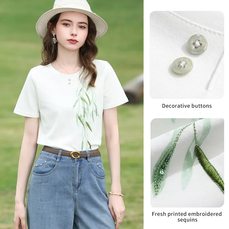 I BELIEVE YOU Elegant Short Sleeves Round Neck T-Shirt Summer 2026 New Bamboo Embroidered Loose Casual Top For Women 2262016225