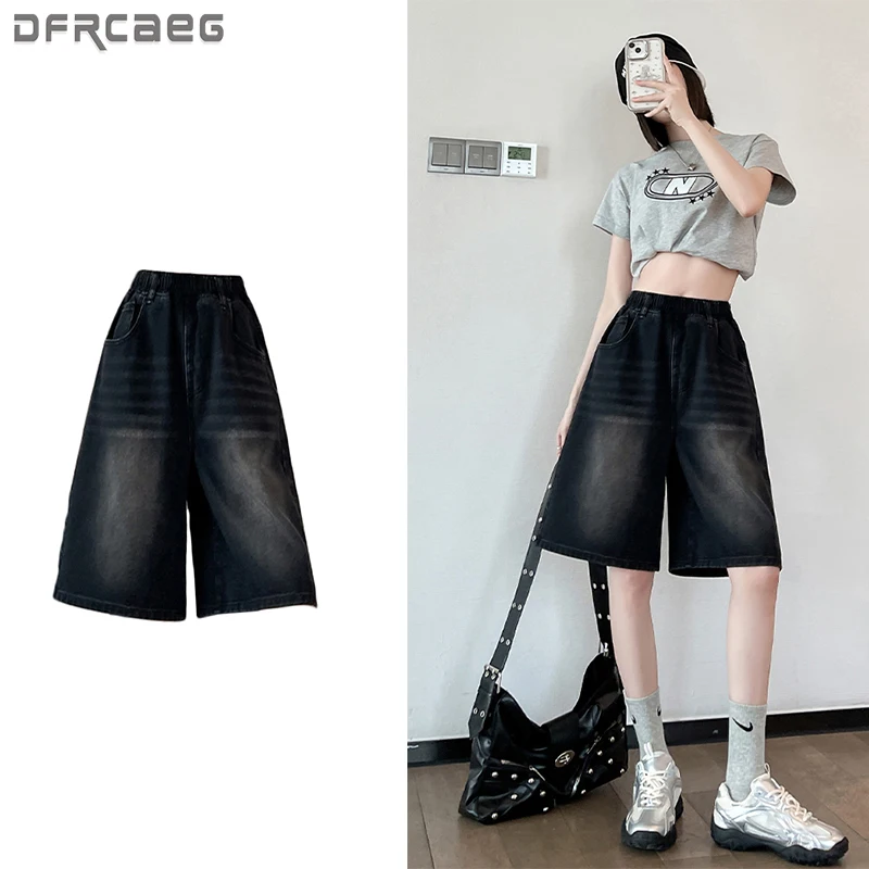 

M-6XL Джинсовые шорты больших размеров для женщин, лето 2025, новые модные широкие брюки с высокой талией, джинсы, женские свободные джинсовые шорты-бермуды