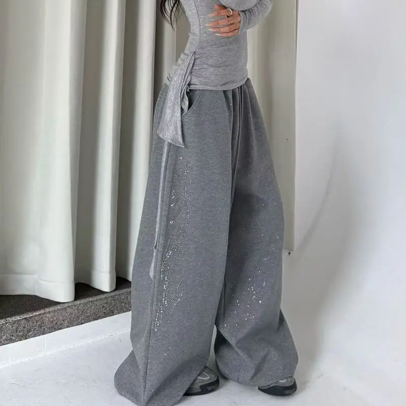 Hot Diamond Sparkle Jazz Hip-Hop mujeres americanas Retro pantalones deportivos calle coreana pantalones sueltos para correr pantalones de pierna ancha de cintura alta