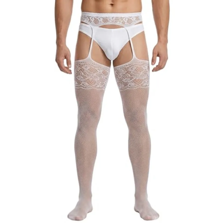 

ohyeahlady Men's Sissy Pantyhose Sexy Lingerie Lace Fishnet Thigh High Stockings with Suspender Cross dressing XS-5XL