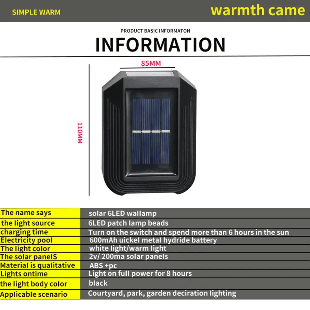 2023 Nieuwe 6led Solar Outdoor Waterdichte Binnenplaatslamp Home Wandlamp Decoratie Lay-Out Muur Binnenplaats Decoratie Wandlamp