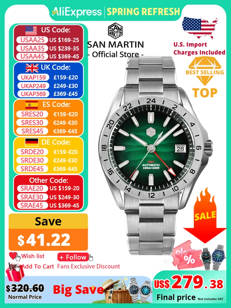 

San Martin 39mm Purple Desert Texture Dial Luxury Men Dress Watch NH34 GMT Automatic Mechanical Waterproof 100m Luminous SN0129
