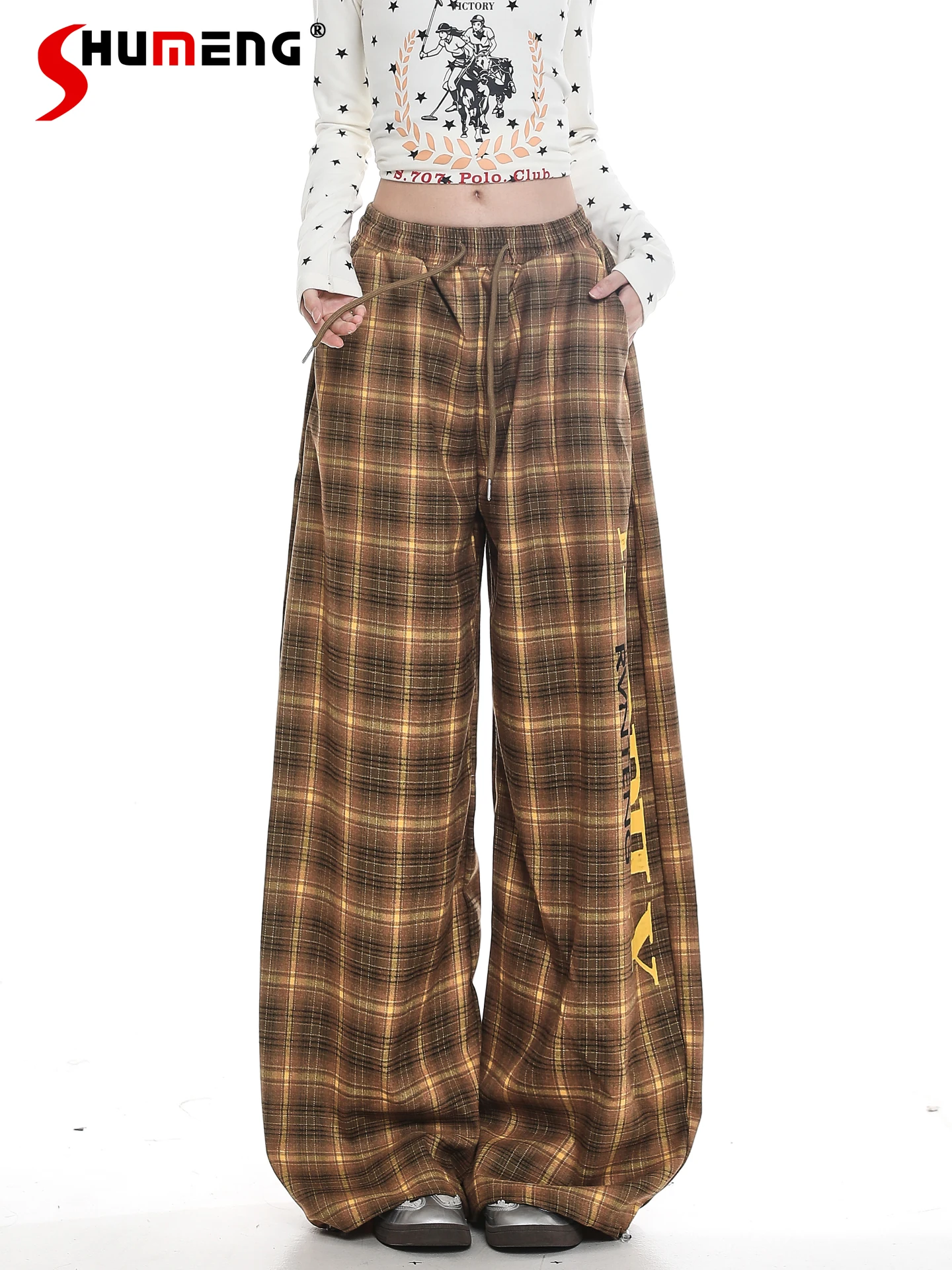

Американская мода, милые свободные повседневные спортивные штаны в клетку в стиле ретро, эластичные универсальные широкие длинные брюки с высокой талией и надписью, женские осенние