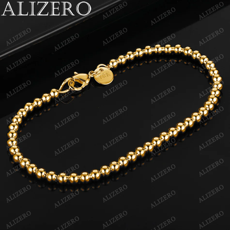 ALIZERO 18K Gold Bracelet 4/6/8/10/14MM Smooth Beads Ball Chain Bracelets For Woman Men Fashion Wedding Party Gift Fine Jewelry