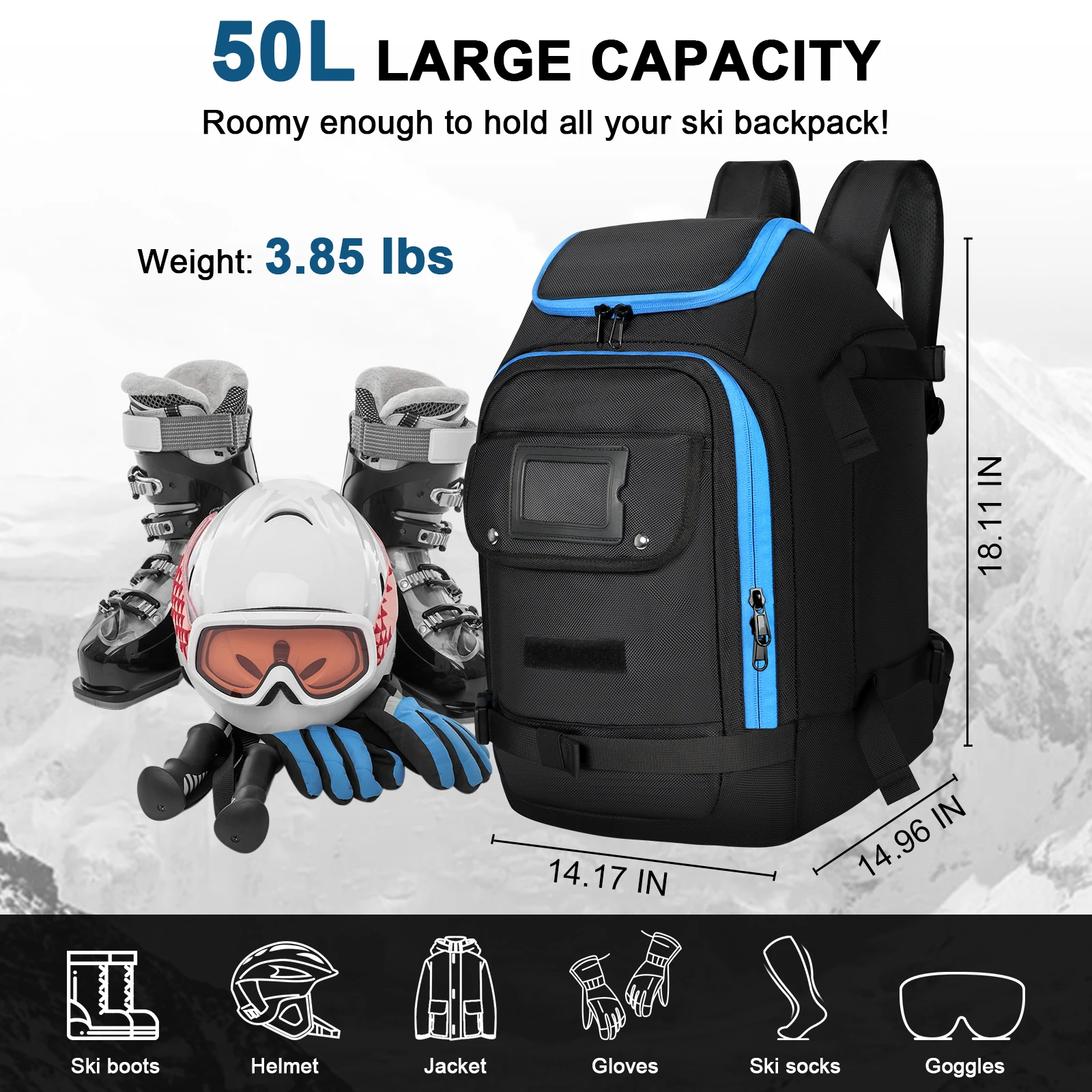 Large Capacity Ski Backpack Waterproof Outdoor Sports Bag for Skis Snowboard Helmet Goggles Jacket Gloves Adjustable Straps