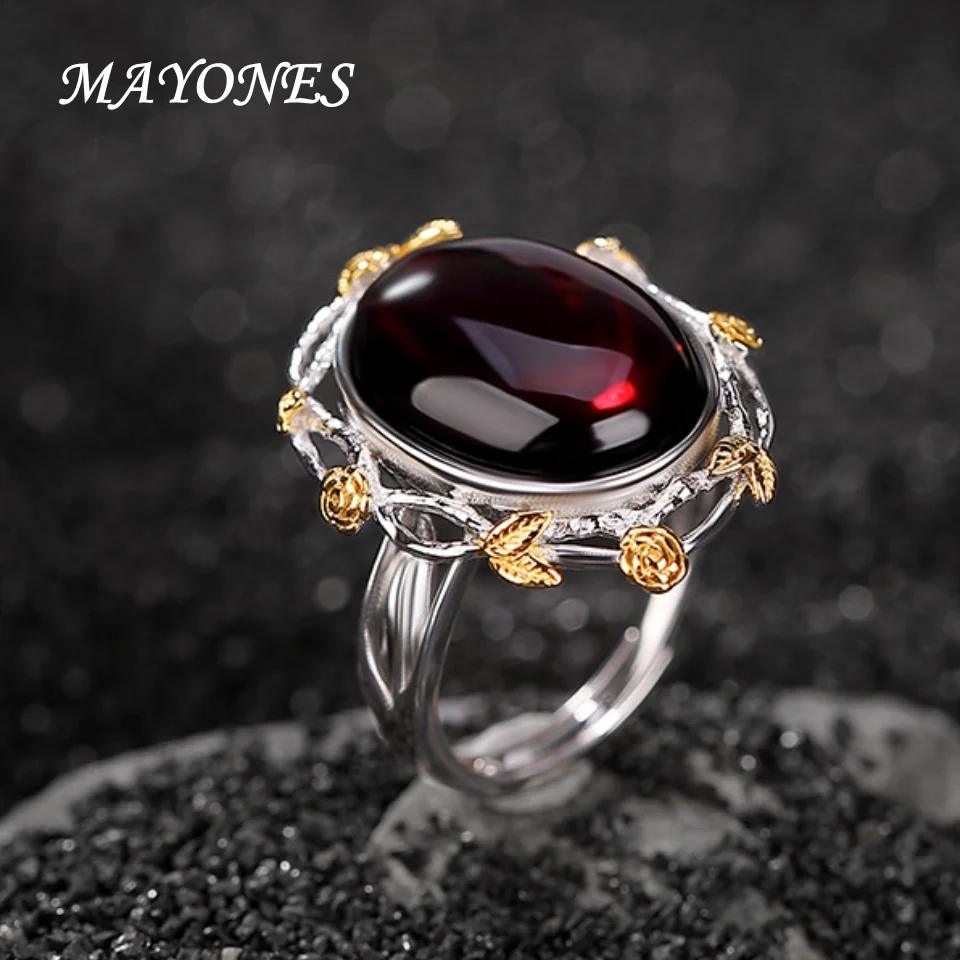 MAYONES S990 Full Silver Gold Plated Blood Pearl Vintage Style Rose Ring Women's Jewelry