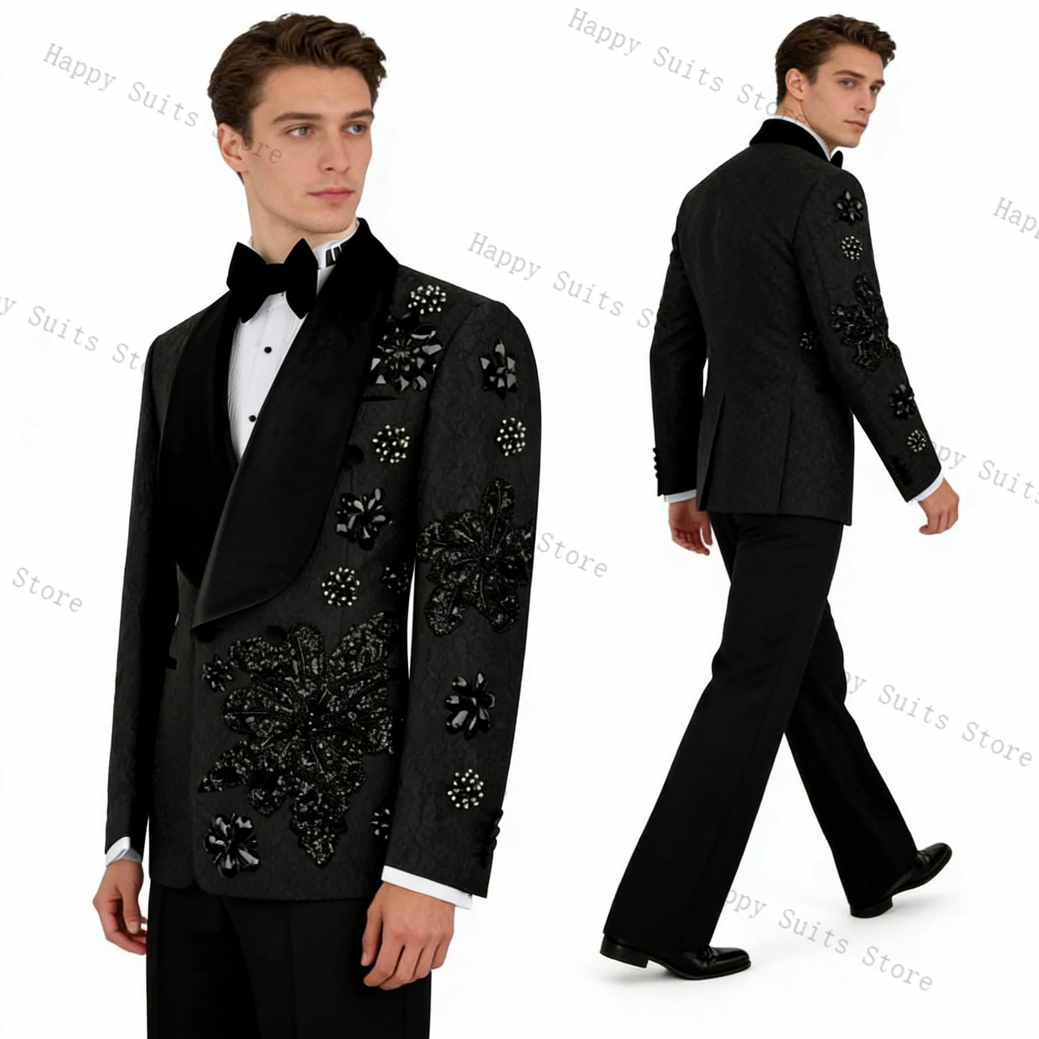 

Men Suit Set 2 Pcs Groom Black Blazer+Pants Trousers Luxury Crystals Formal Office Coat Wedding Tuxedo Customized Jacket Outfit