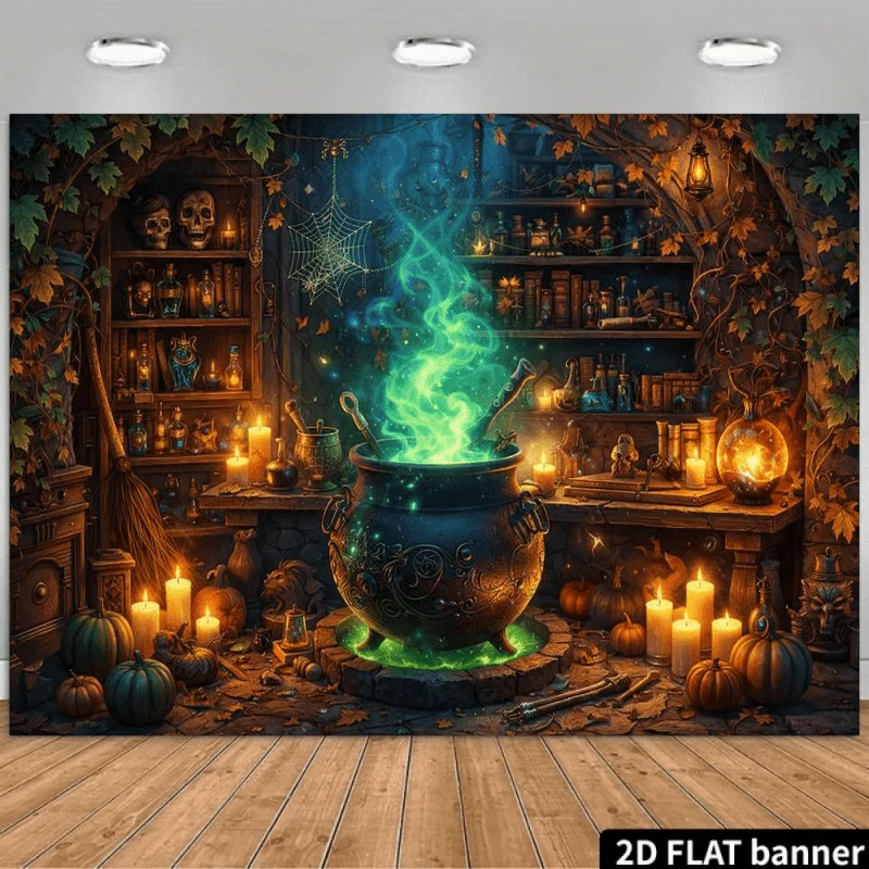 2D plane Halloween-themed background fabric, magic pot, wizard, pumpkin, skeleton, magic book, candle and potion bottle