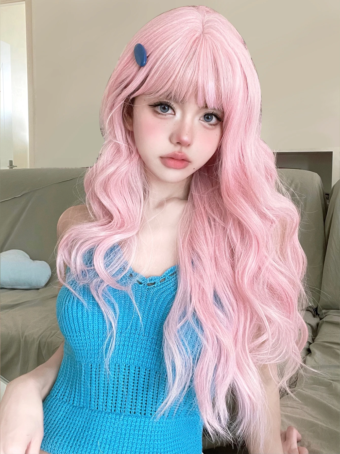 Perucas sintéticas rosa perfeitas com Franja para mulheres, cabelo ondulado natural, resistente ao calor, uso diário, cosplay, drag queen, 30"