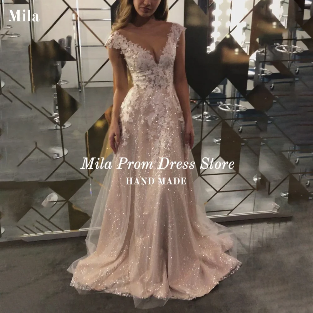 

Mila Customized A Line Wedding Dress V Neck Lace Applique Wedding Gowns Glitter Sequin Long Formal Evening robe de mariée 2026