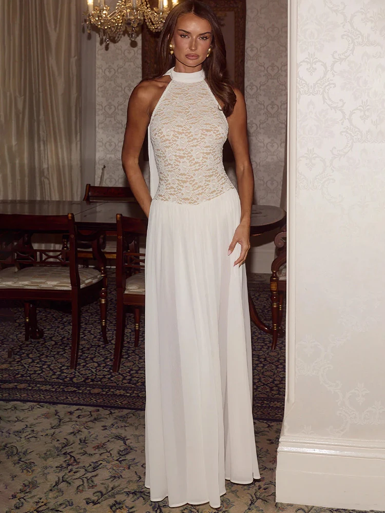 Mozision White Lace Halter Maxi Dress For Women Elegant High Neck Long Dress 2026 Summer Sleeveless Pleated Party Evening Gown