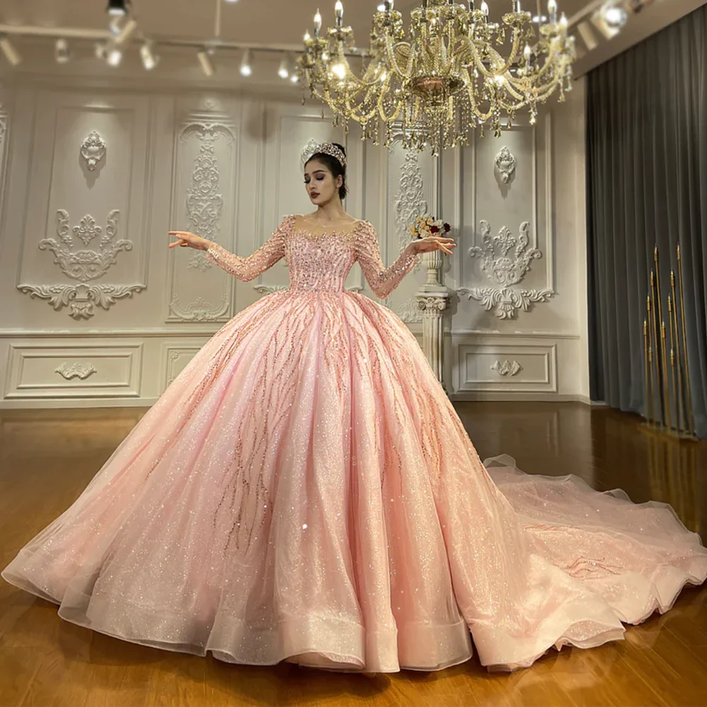 Elegant Pink O-Neck Long Sleeves Wedding Dress Luxury Beads Sequined Floor Length Ball Gowns Court Train Exquisite Bride Dress