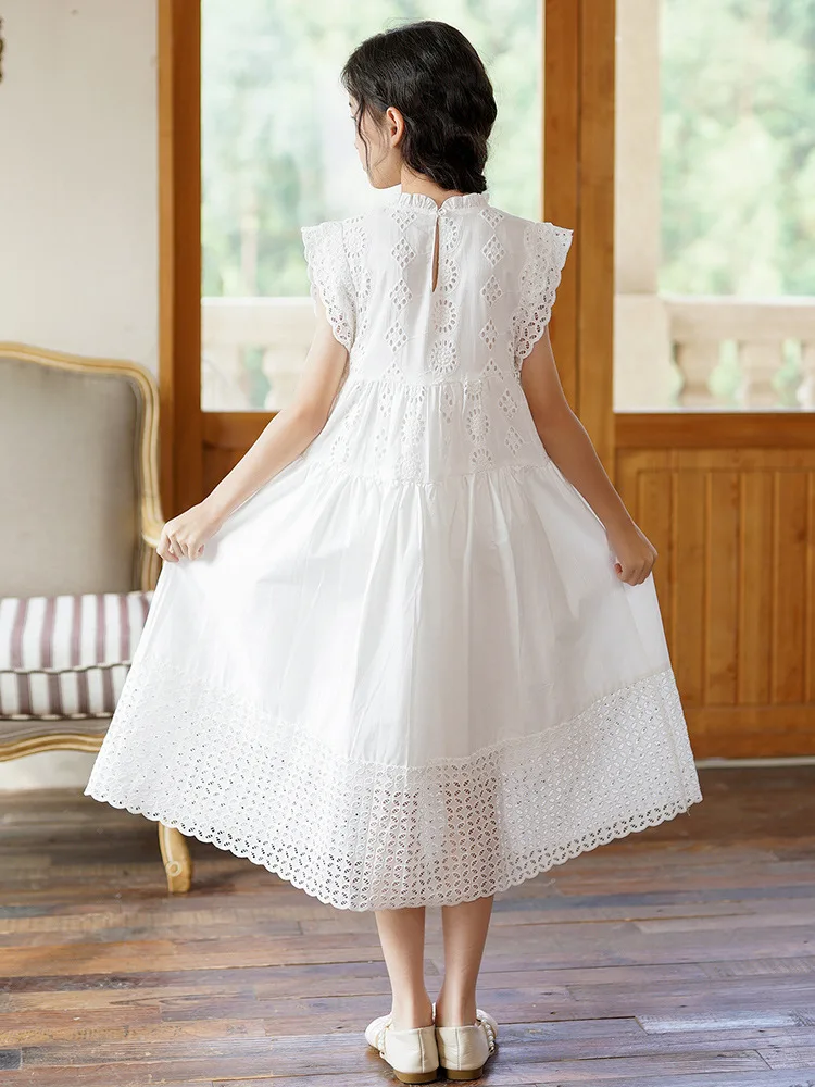 2026 Kid Girl Dress Princess Costume White Hollow Out Lace Dress Casual Baby Girls Clothes Fashion Summer Party Wedding Dresses